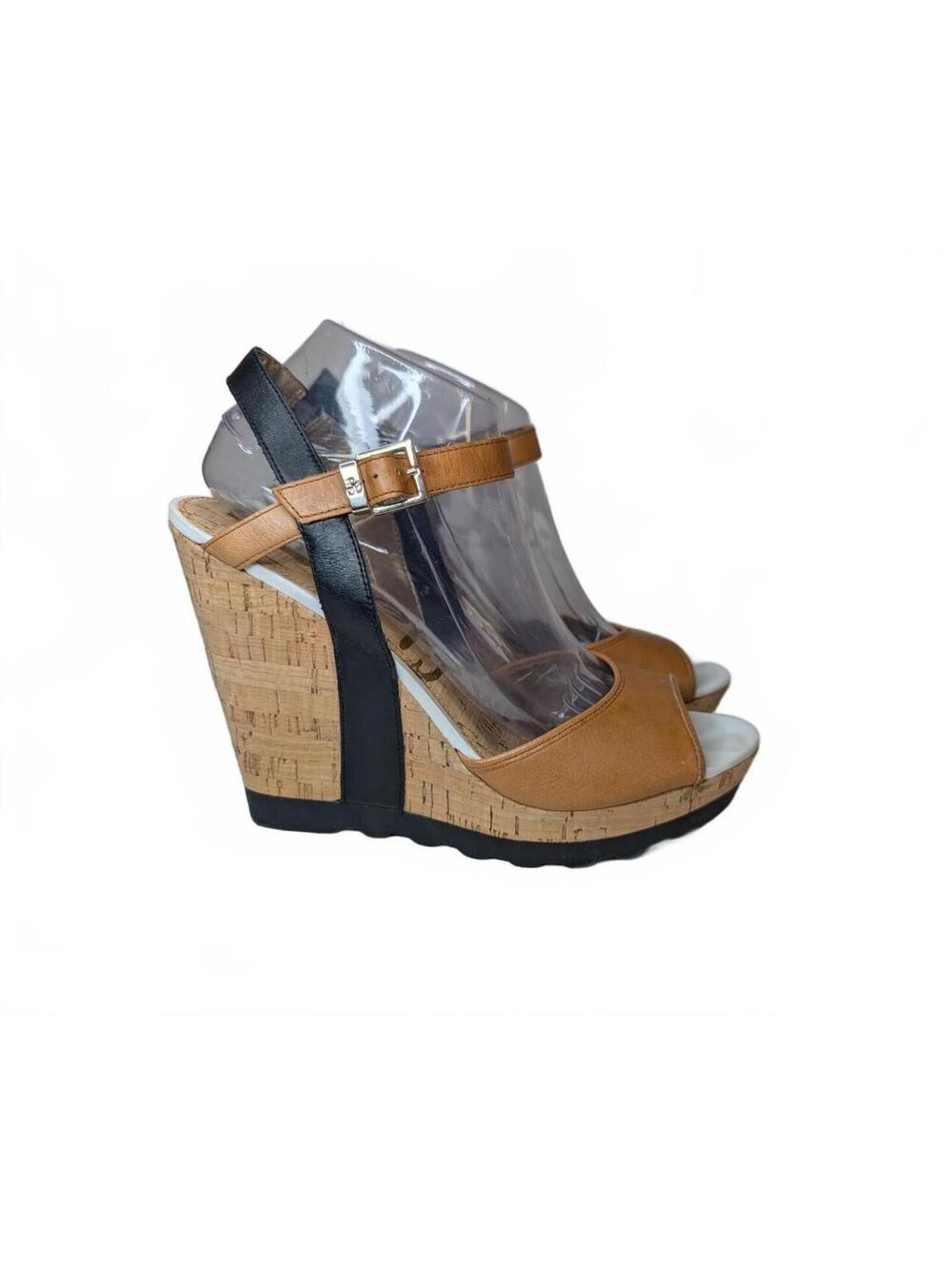 Sam Edelman Tan Leather Wedge Sandals with Cork Heel Size 10